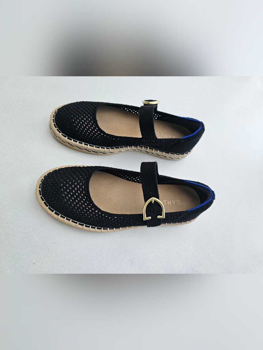 Rothy's Espadrille Black Mary Jane Flats with Gold Buckle